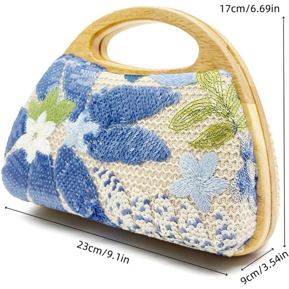 Summer Blue Straw Woven Clutch Bag with Sequined Embroidery & Removable Chain - Picture 4 of 6
